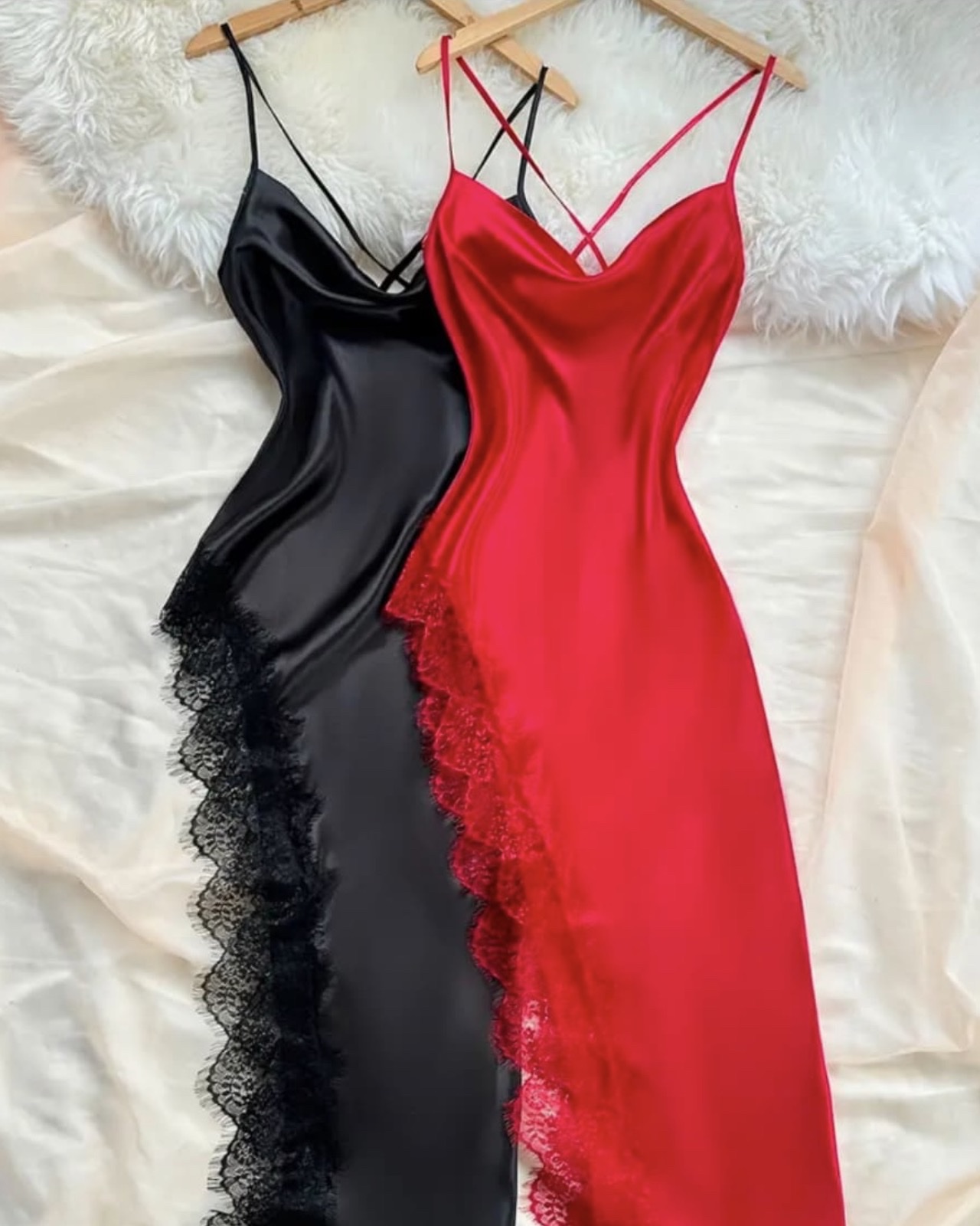 Black and scarlet slip dresses with delicate lace edging